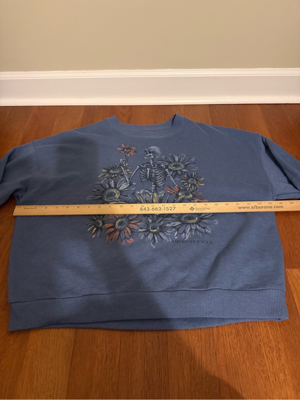 American Eagle Skeleton Floral Sweatshirt Large Blue Crewneck Oversized Fleece - Picture 3 of 7